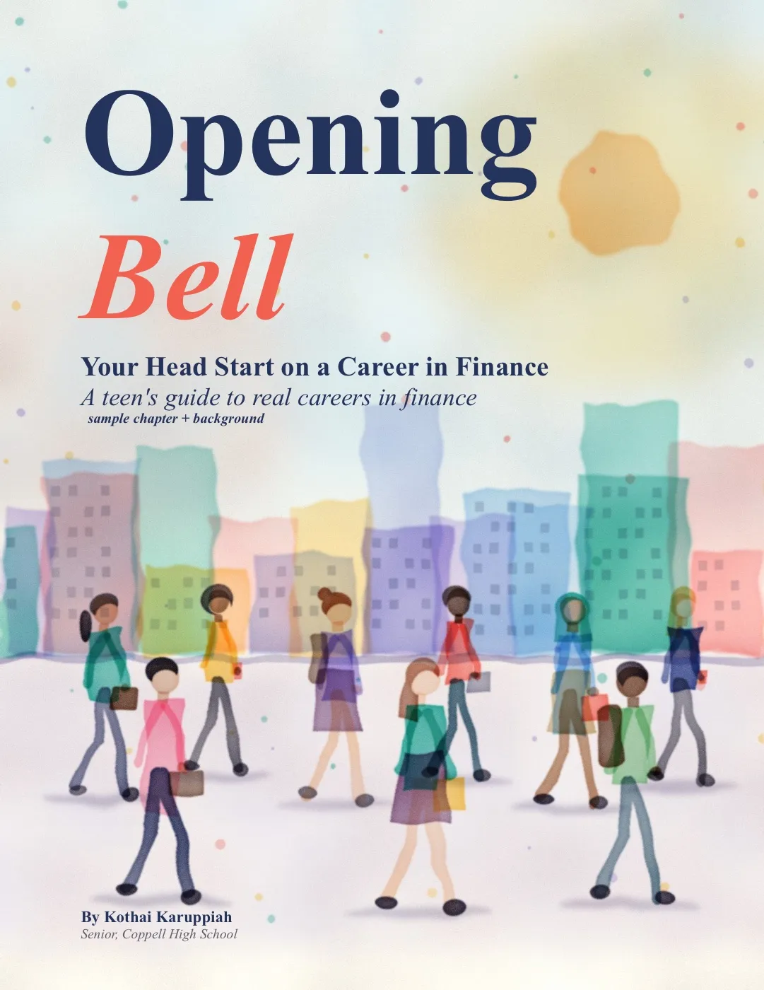 Cover of Opening Bell, showing students walking past a watercolor city